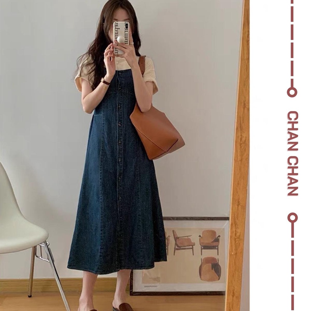Váy Yếm JEAN Dáng Dài Chữ A Phong Cách Ulzzang, Váy Yếm Bò 2 Dây Demin