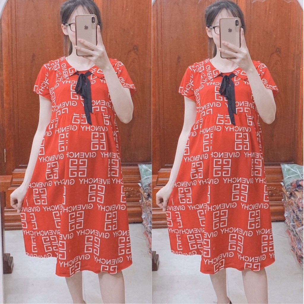 Váy bầu cổ bèo có nơ chất Lụa thái mềm mát - 𝐕𝟐𝟓