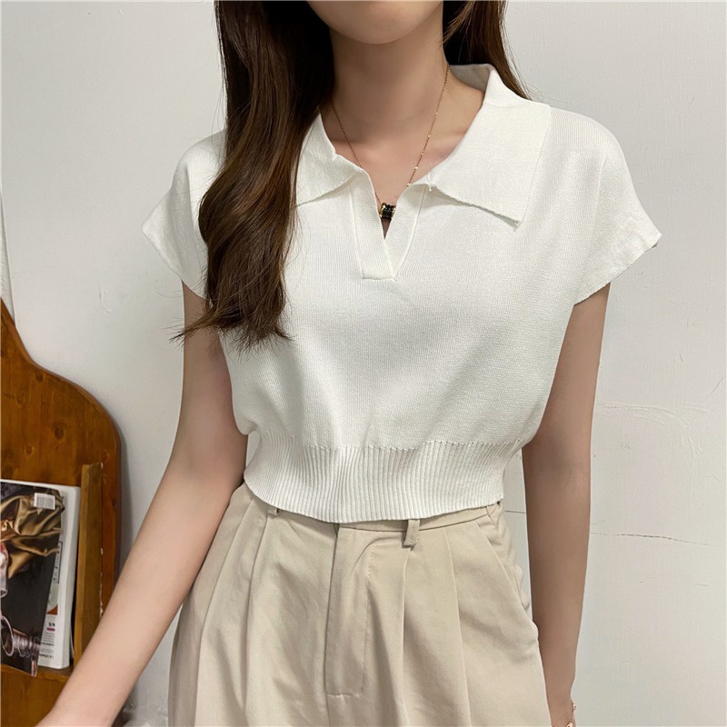 Áo Sơ Mi Đan Len Ngắn Tay Cổ Chữ V Thời Trang Hàn Quốc Cho Nữ
