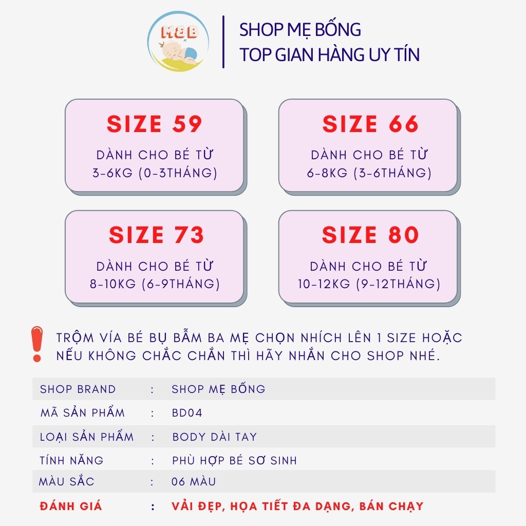 Bodysuit cho bé bộ body sơ sinh dài tay liền thân cho bé trai bé gái hàng Quảng Châu vải cotton mịn đẹp từ 3-12kg - BD04