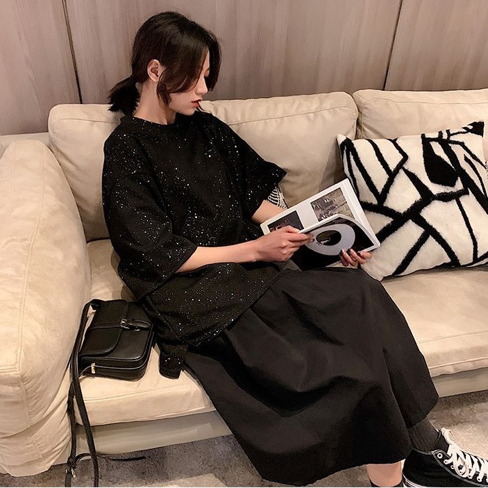 Áo thun tay lỡ nhũ trơn unisex nam nữ - ÁO VÁY KIM SA (Sỉ từ 5sp bất kỳ)