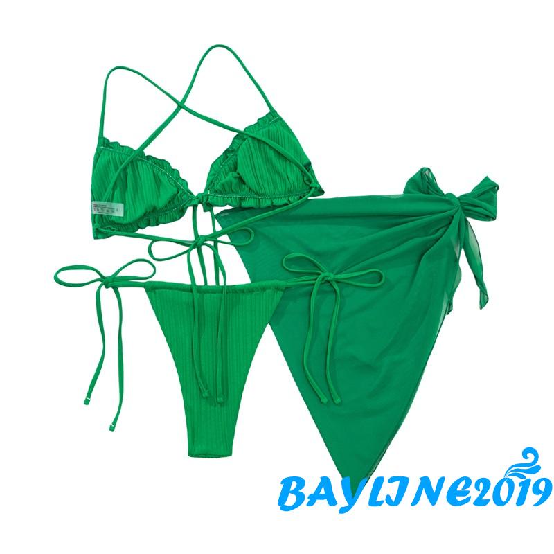Set Bikini Màu Trơn Nhún Bèo + Quần Lót Ren + Áo Lưới Xuyên Thấu Quyến Rũ Cho Nữ