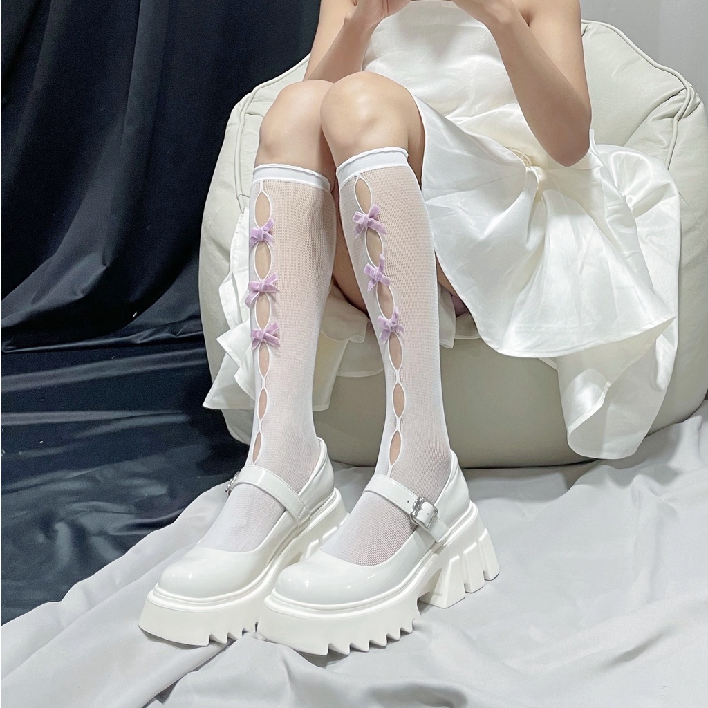 Đôi vớ dài đến đầu gối co giãn đính nơ phong cách lolita dành cho nữ