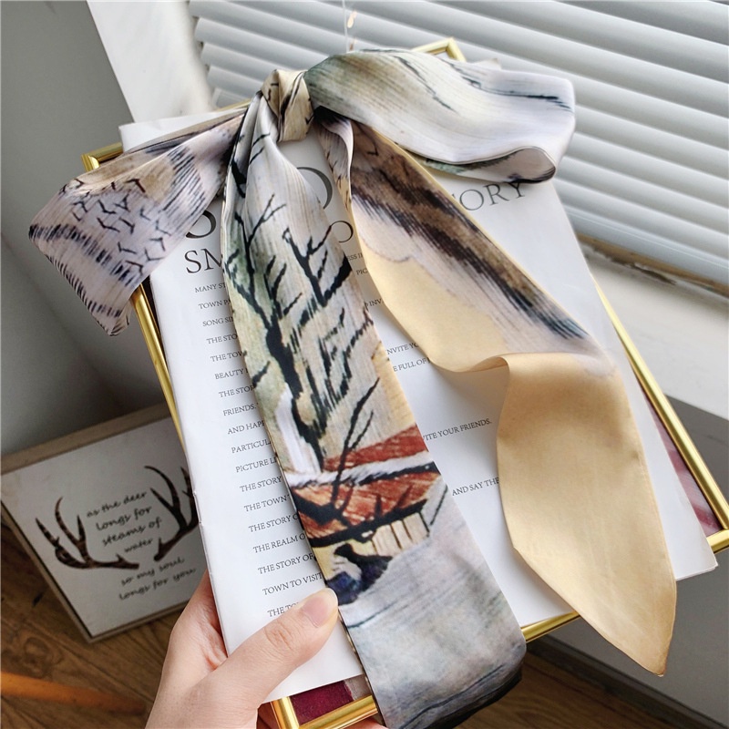 Zl Khăn Choàng Lụa Dài In Tranh Sơn Dầu Phong Cách Hàn Quốc Thời Trang Xuân Thu Dễ Phối Đồ