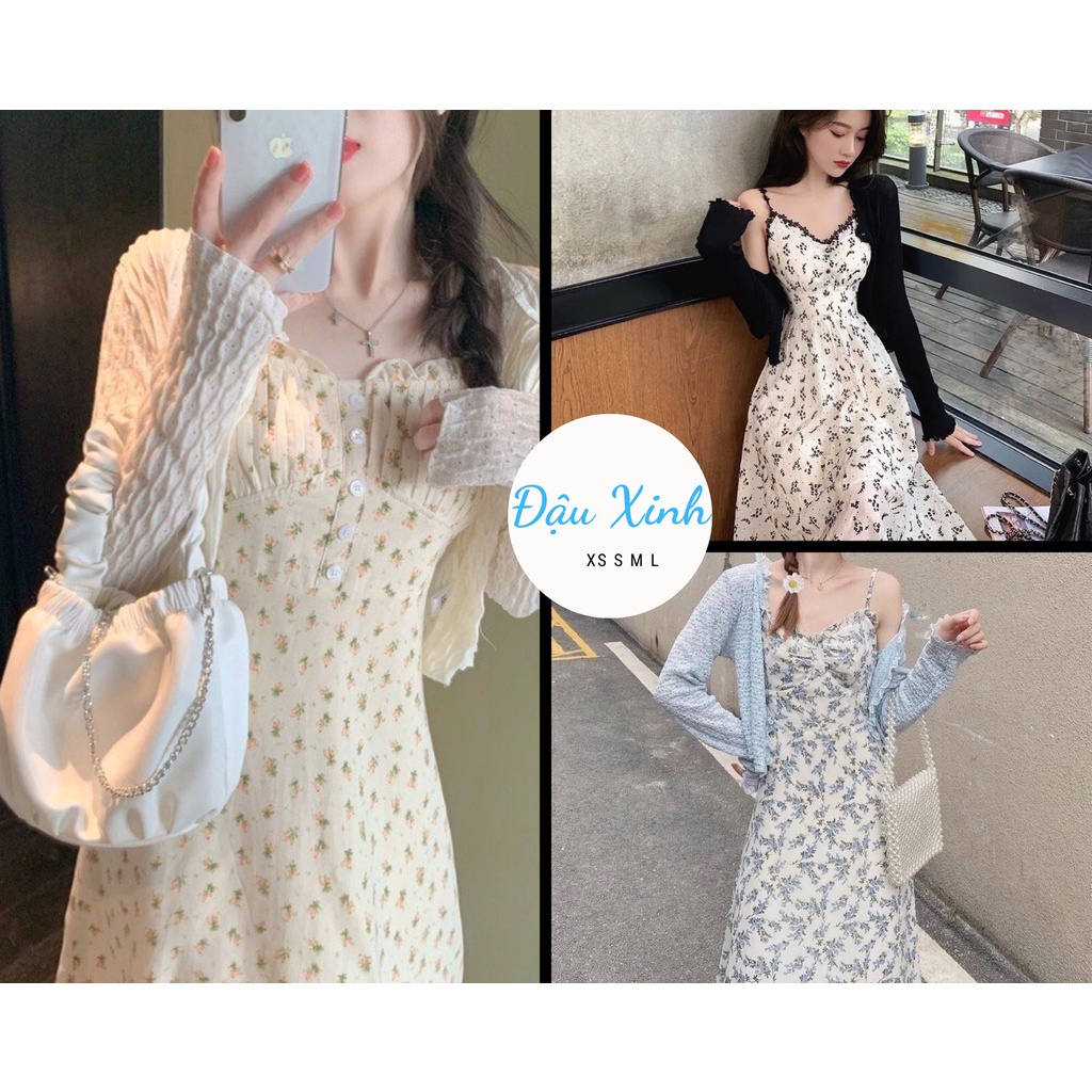 [Mã 44FASHIONSALE628 giảm 10K đơn 50K] Váy nữ đầm hoa nhí xinh đẹp dáng dài suông xòe nhẹ vintage bánh bèo 2 lớp - 501