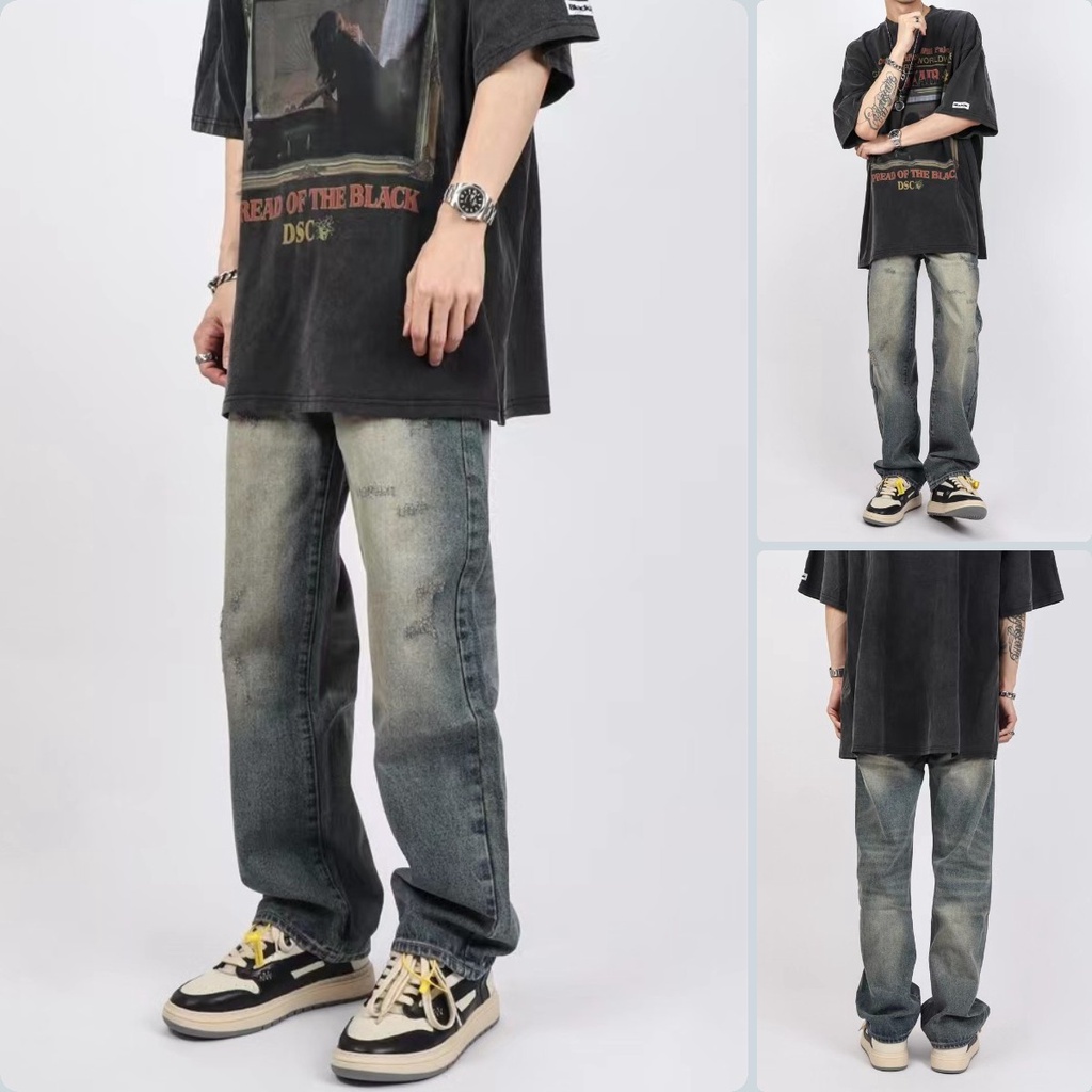 Quần Jean nam xám quần bò rách gối cao cấp co dãn unisex quần jean nam baggy ống rộng lưng cao quần jean ống rộng nữ rách