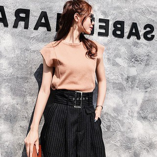 Áo dệt kim nữ sát nách cổ tròn màu trơn