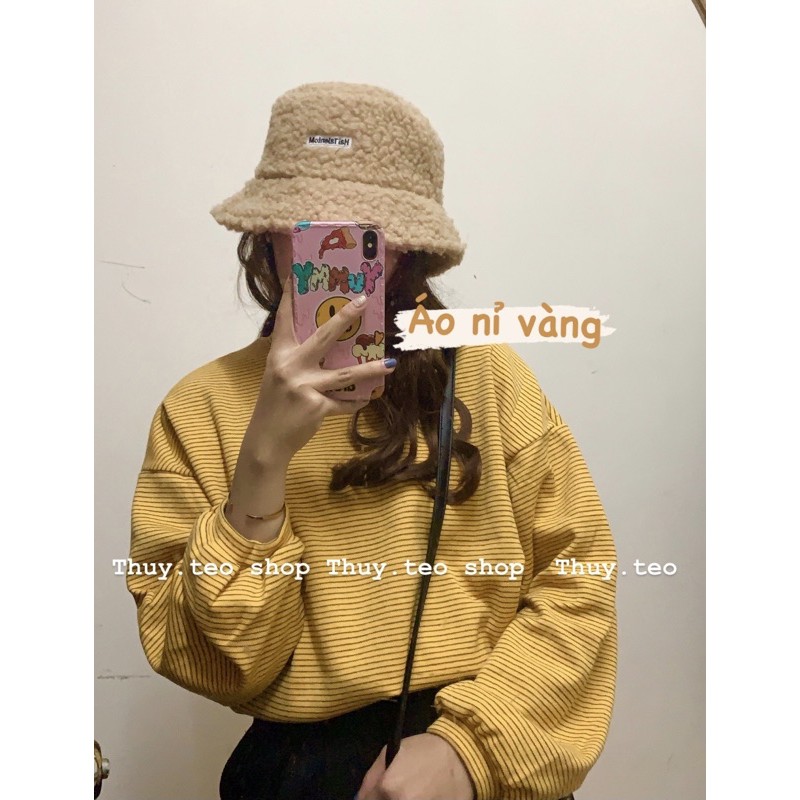 Áo nỉ kẻ cổ cao - Áo nỉ tay bồng Quảng Châu dày dặn style Ullzang xinh xắn