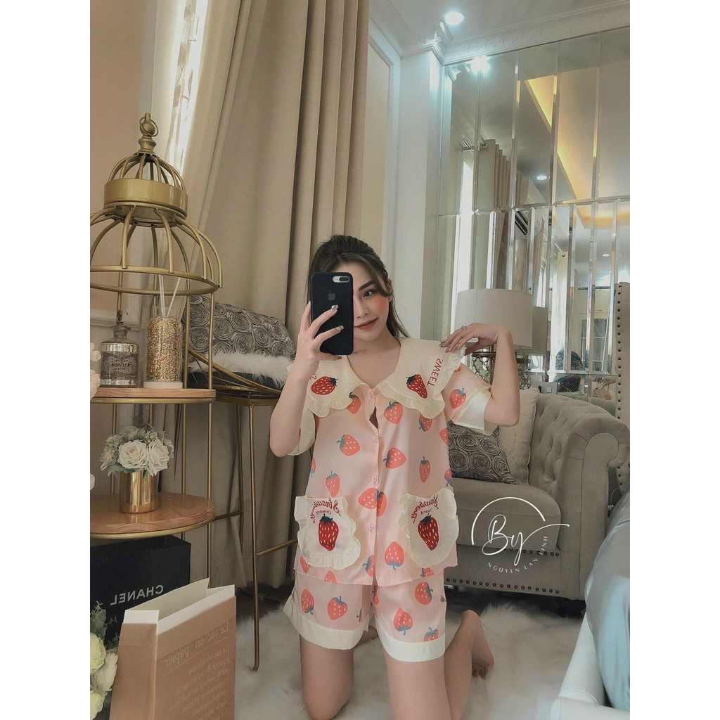 Pijama Lụa SATIN Mẫu Dâu chuẩn nhà SAM tay ngắn quần dài và quần đùi viền bèo cổ, from dưới 60 cân