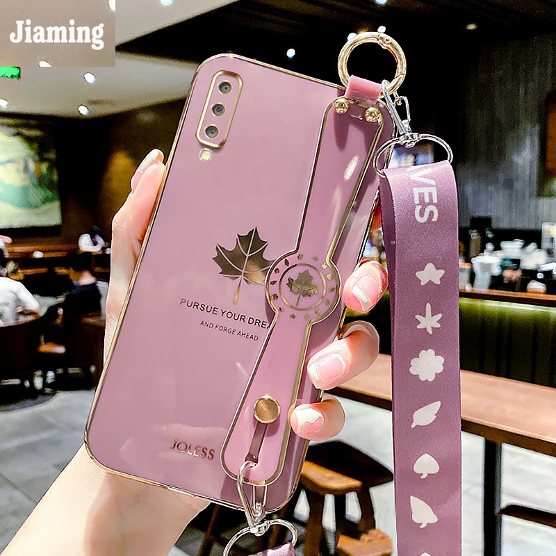 Ốp Điện Thoại Viền Lá Phong Mạ Điện Sang Trọng + Dây Đeo Cổ Tay Cho Samsung Galaxy A7 2018
