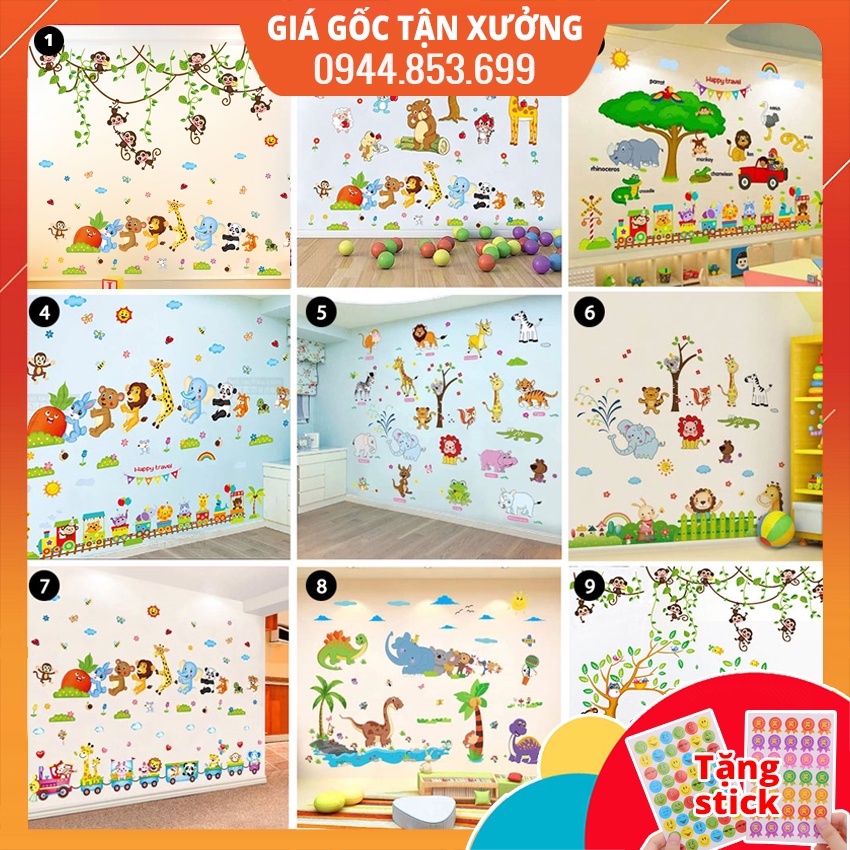 Combo 2 Tranh dán tường, decal dán tường cho bé Hàn Quốc, đề can dán tường cho bé, tranh decal dán tường cho bé