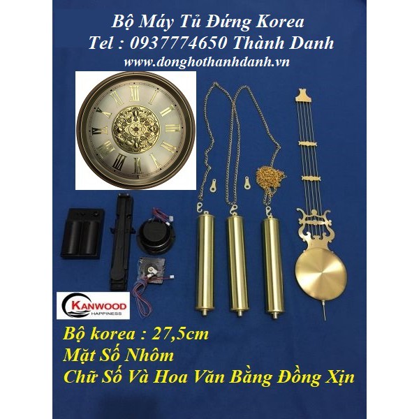 Bộ máy tủ đứng đồng hồ gỗ Korea mặt số Hoa văn 27,5cm