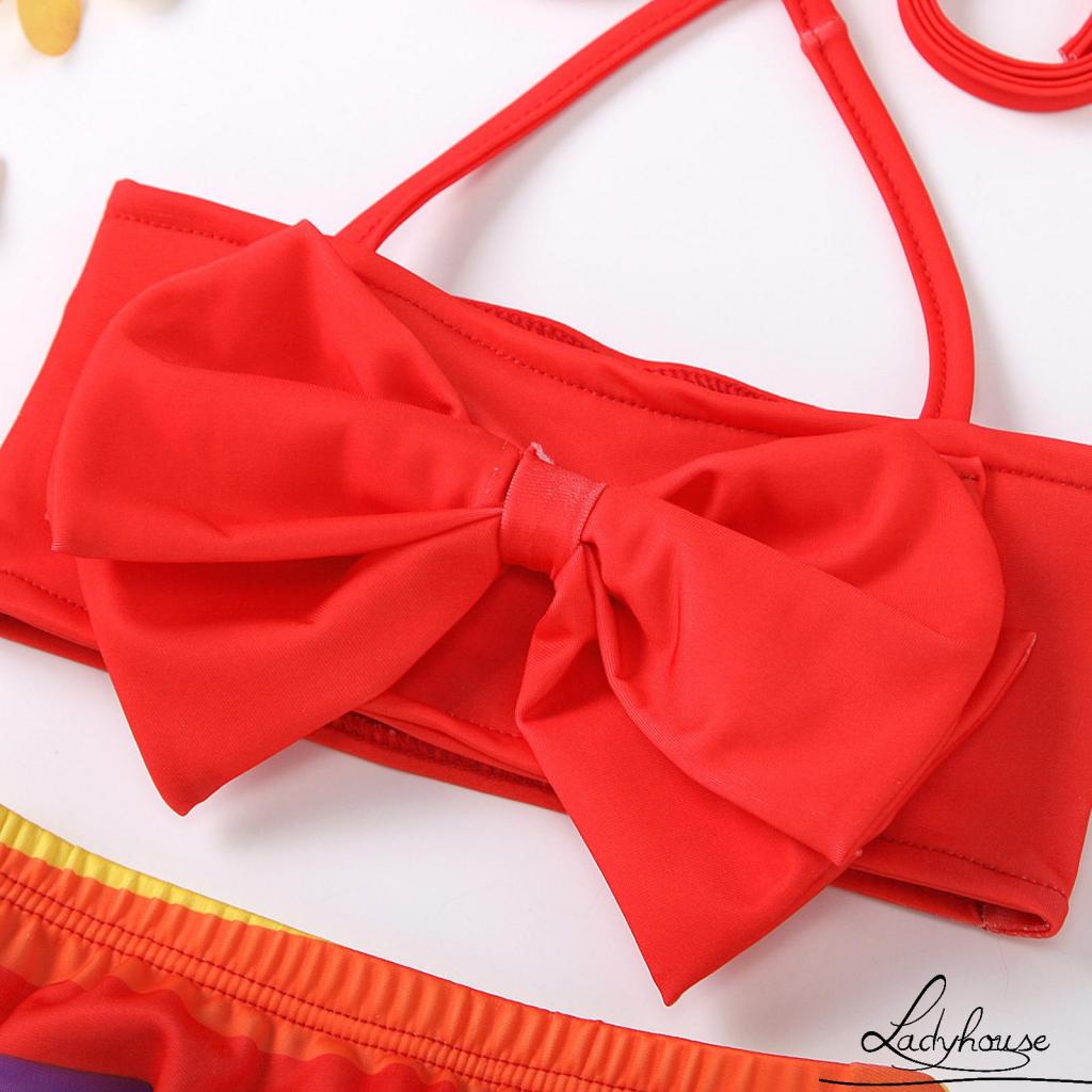 Ld-bộ Đồ Bơi Hai Mảnh Áo Cổ Yếm Và Quần Ngắn In Họa Tiết Màu Hồng/Đỏ/Cam Cho Bé Gái