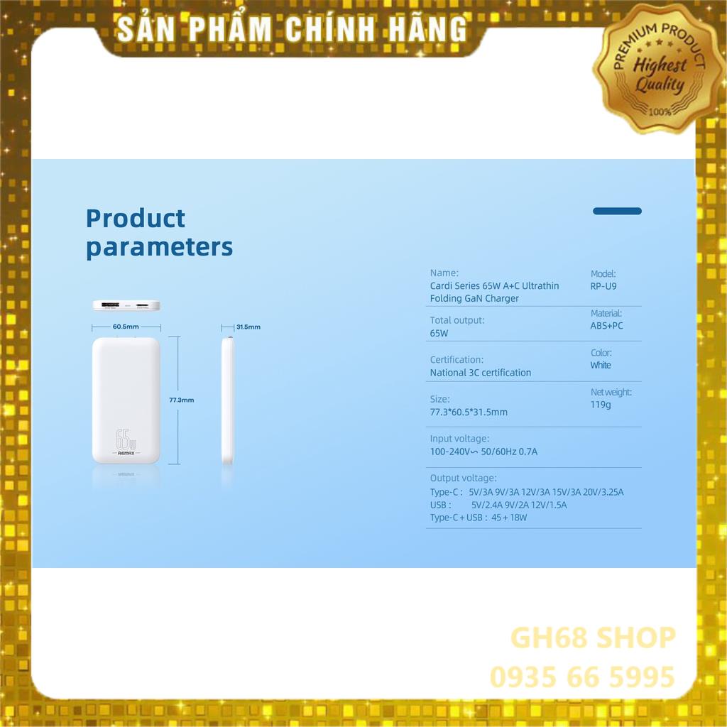 Củ sạc nhanh REMAX RPP-U9 65w GaN chính hãng REMAX - Bảo hành 12 tháng 1 đổi 1