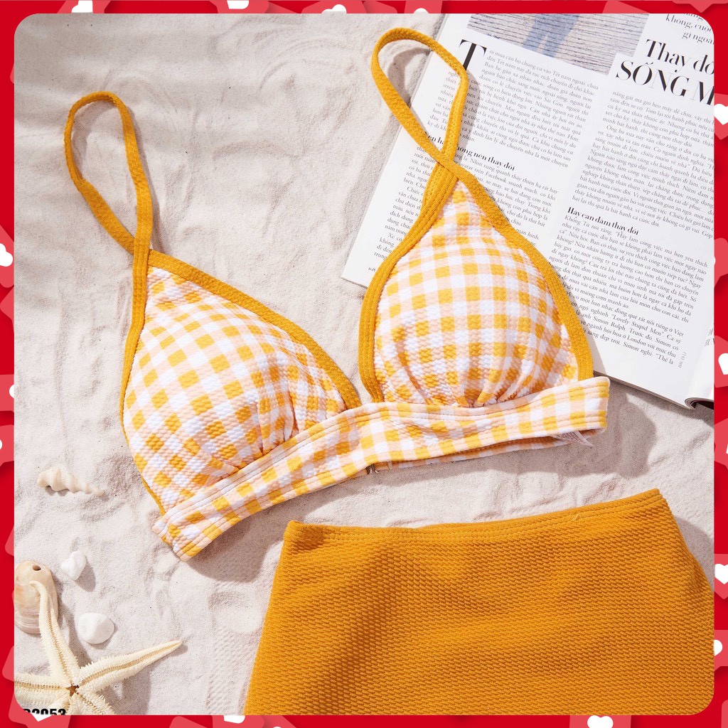 Đồ Bơi Bikini Hai Mảnh Caro Vàng Phù Hợp Ngực Nhỏ Phong Cách Hàn Quốc Cao Cấp