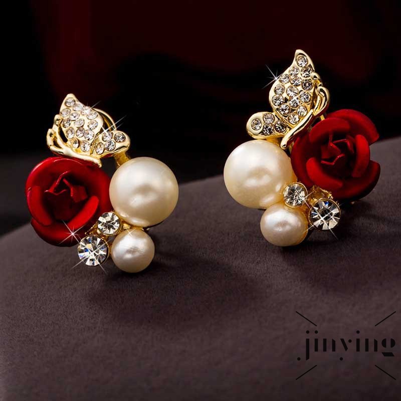 GETNOIVAS Bông tai đính hoa hồng đỏ và ngọc trai thời trang mới dành cho nữ
