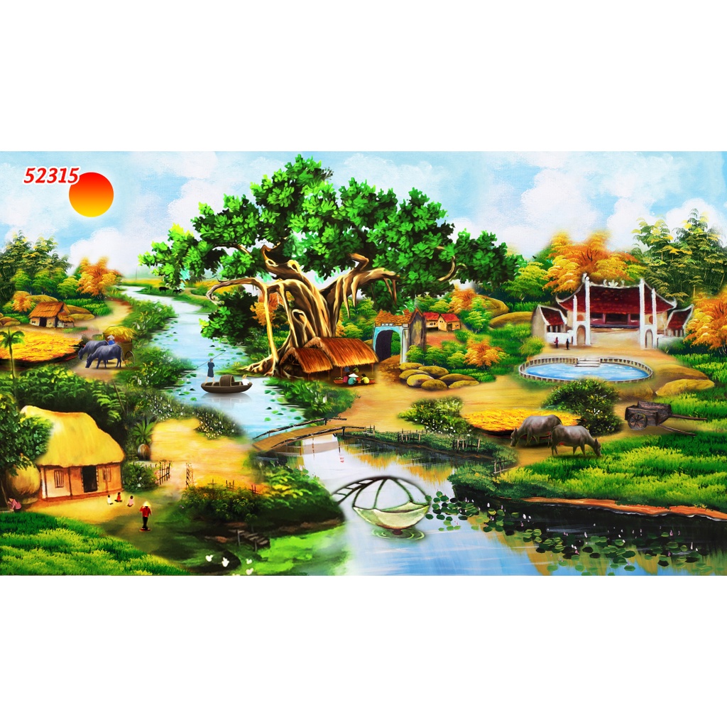 Tranh Dán tường 3D Phong Cảnh Làng Quê chân thực, mộc mạc, yên bình, thanh bình