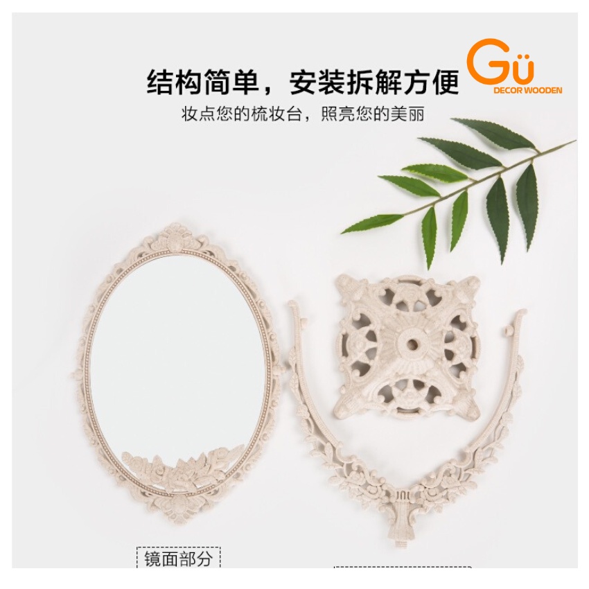 Gương trang điểm để bàn Gu Decor Wooden, Gương soi xoay 360 độ decor trang trí phòng ngủ