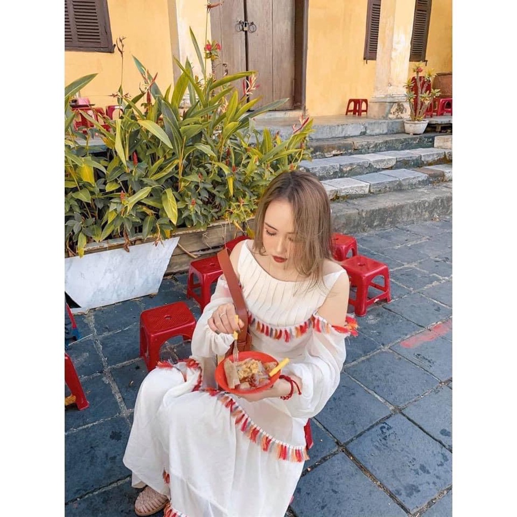 Set váy maxi dễ thương tay rớt vai với chân váy phối họa tiết tiểu thư dáng dài xinh đẹp phong cách XUKA-DRESS DT05