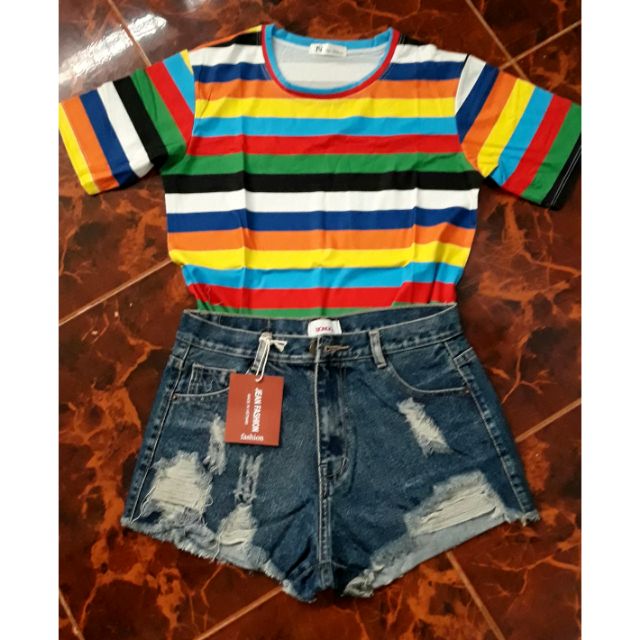Set short jean Áo cầu vồng