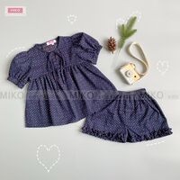 Đồ bộ tay ngắn bé gái MIKO be xanh đỏ vải xô thêu mẫu JADE