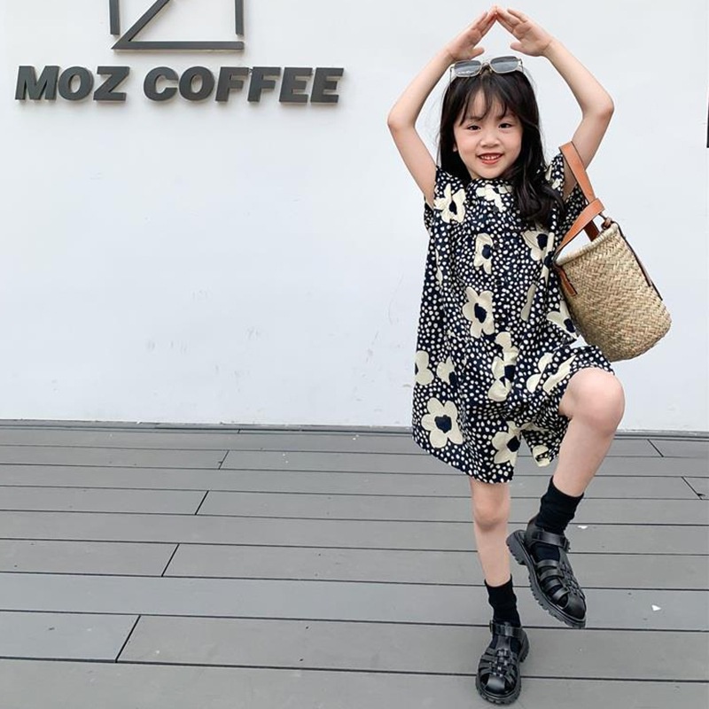 Bộ Áo Liền Quần Dáng Rộng In Hoa Dễ Thương Phong Cách Phương Tây Thời Trang Mùa Hè Cho Bé Gái