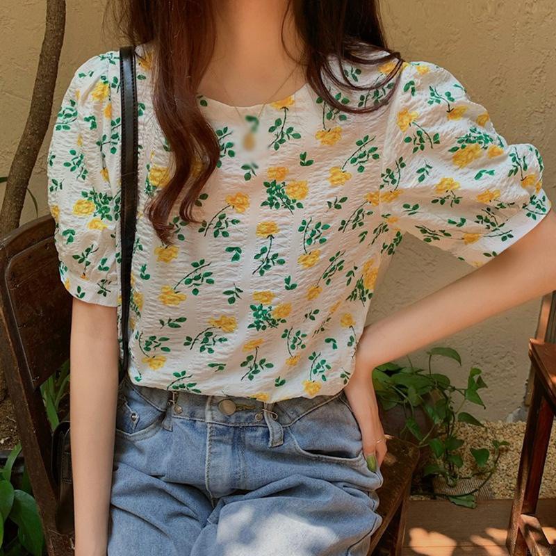 Áo Sơ Mi Hoa Tay Phồng Cổ Tròn Trong Suốt Phong Cách Hàn Quốc Thời Trang Mùa Hè Cho Nữ