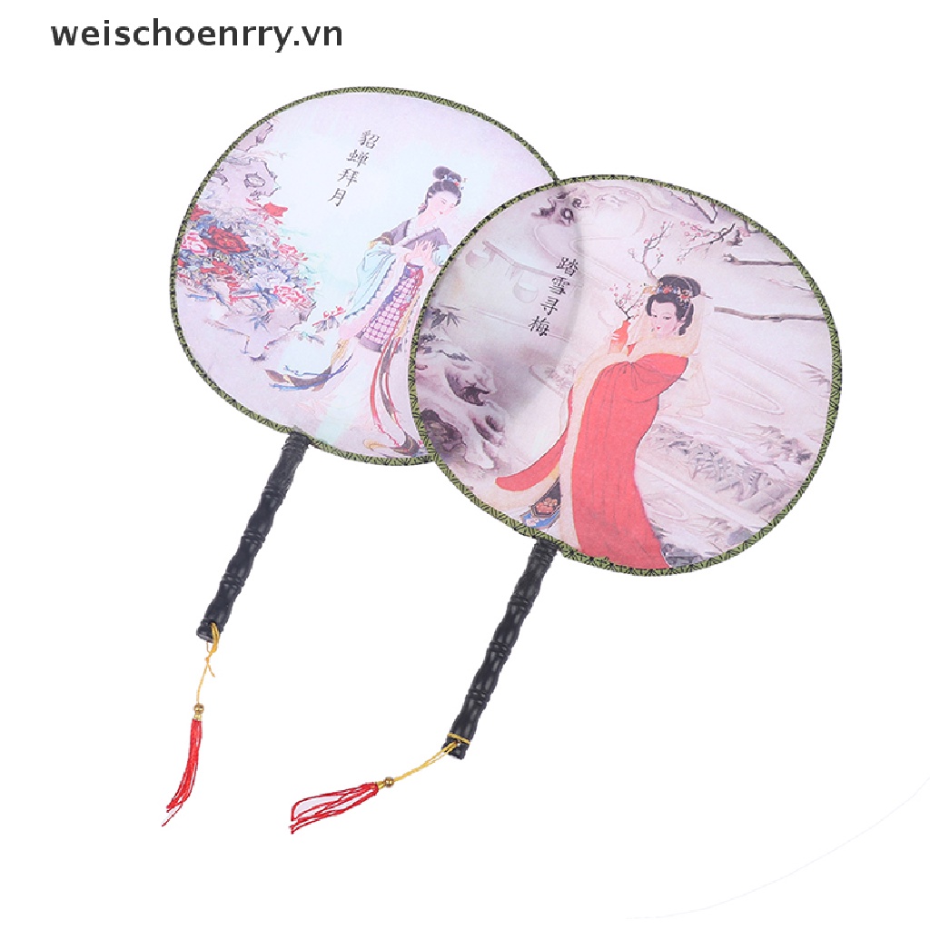 Quạt Cầm Tay Bằng Lụa Hình Tròn In Họa Tiết Phong Cách Trung Hoa Cổ Điển
