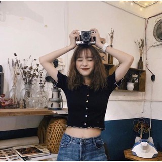 Áo Croptop Ulzzang trơn body cuốn biên đính cúc màu