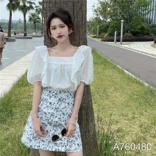 Áo sơ mi nữ cộc tay cổ vuông Chakovet  CKA844, kiểu áo babydoll điệu bèo hai bên màu trắng dịu dàng