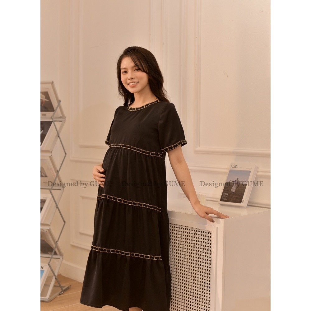 Váy bầu bigsize - Đầm bầu thiết kế GuMe màu đen dáng maxi 3 tầng viền dây kim tuyến chất vải lụa hàn từ 40-100kg GM007