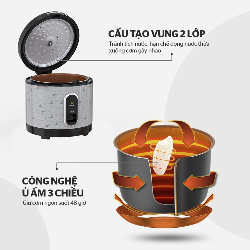 Nồi cơm điện Sunhouse 3 lít nắp gài SHD8309/SHD8308/SHD8306/SHD8305 - Bảo hành chính hãng 1 năm