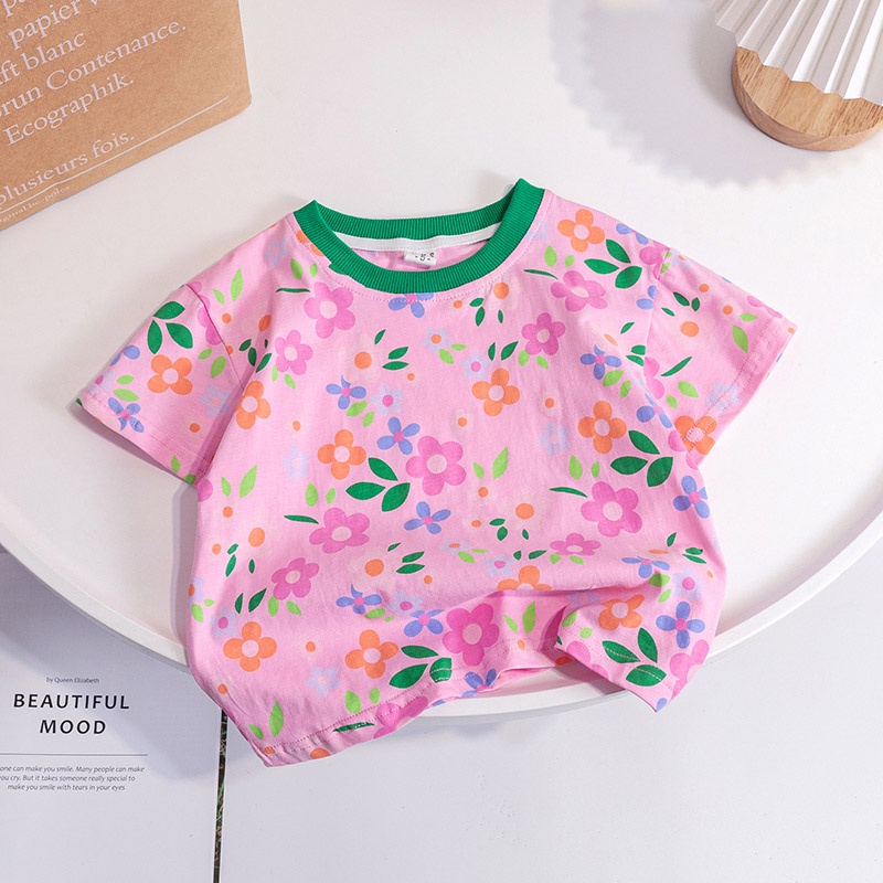 Áo Thun Tay Ngắn Cổ Tròn In Hình Hoa Hồng Bằng Cotton Thời Trang Mùa Hè Dành Cho Bé Gái 2-6 Tuổi