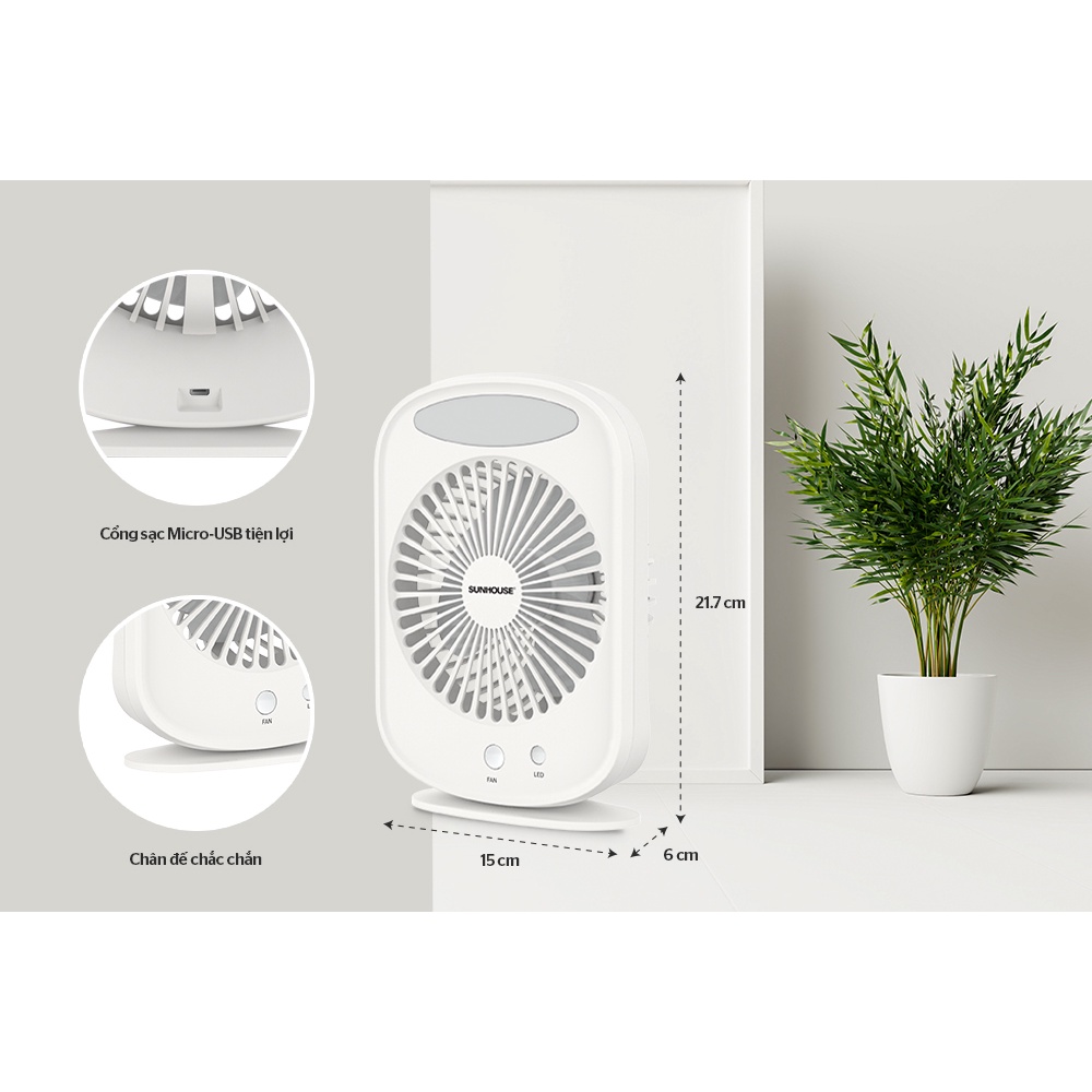 Quạt sạc mini Sunhouse SHD7110, Công suất 7W, Thời gian sử dụng liên tục 2-4.5 giờ, Bảo hành 12 tháng