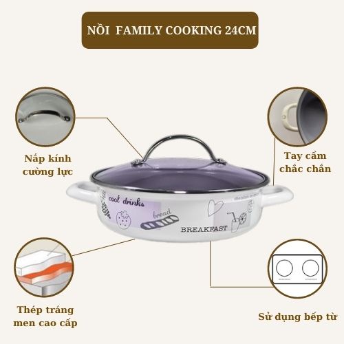 Nồi thép tráng men đáy nông/ nồi nấu lẩu nhập khẩu cao cấp Chefina - sử dụng được bếp từ- Kích thước 24cm