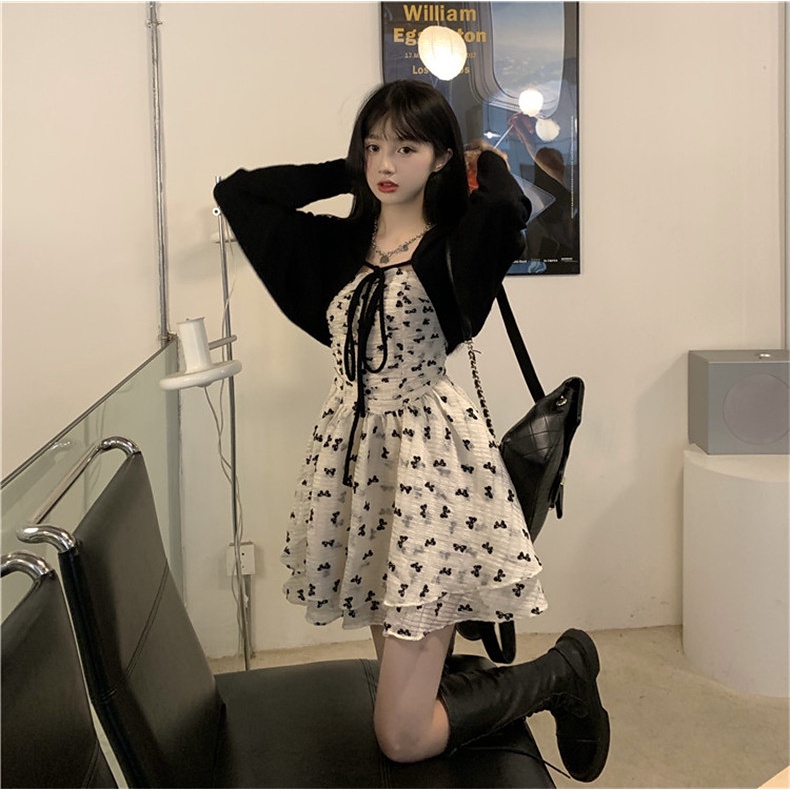 Set trang phục ZHELIHANGFEI đầm hai dây họa tiết hoa và áo khoác cardigan dệt kim dáng ngắn thời trang cho nữ