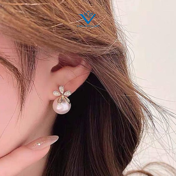Bông tai bạc Bông hoa đá Chạm ngọc nhân tạo sang chảnh Van Jewelry V10770