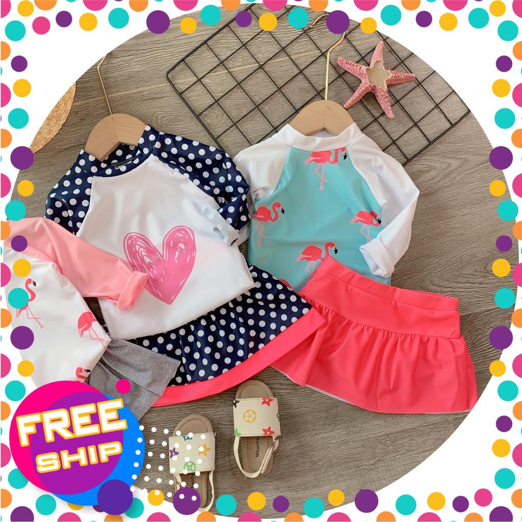 Bikini Bộ Bơi Bé Gái Áo Tay Dài Và Quần Váy Họa Tiết Xinh Xắn Hàng Quảng Châu Cho Bé Từ 7-21kg