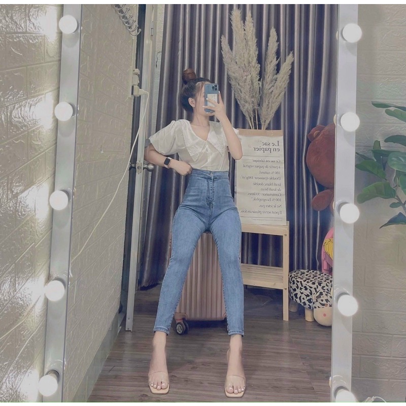 Quần jeans nữ lưng cao trơn ôm body lưng siêu cao