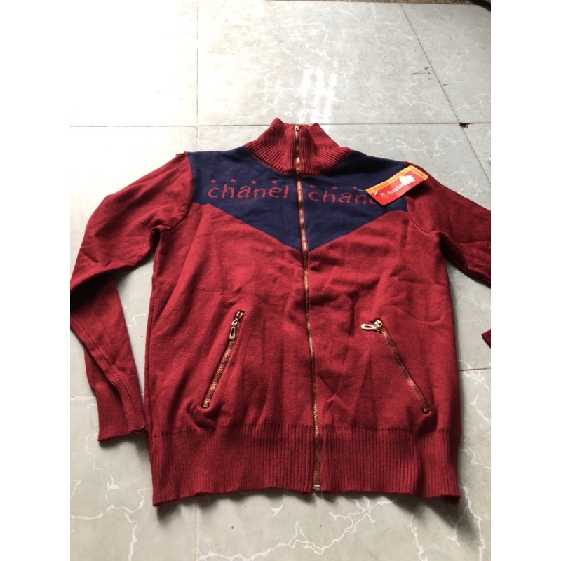 Áo khoác len sọc dây kéo túi