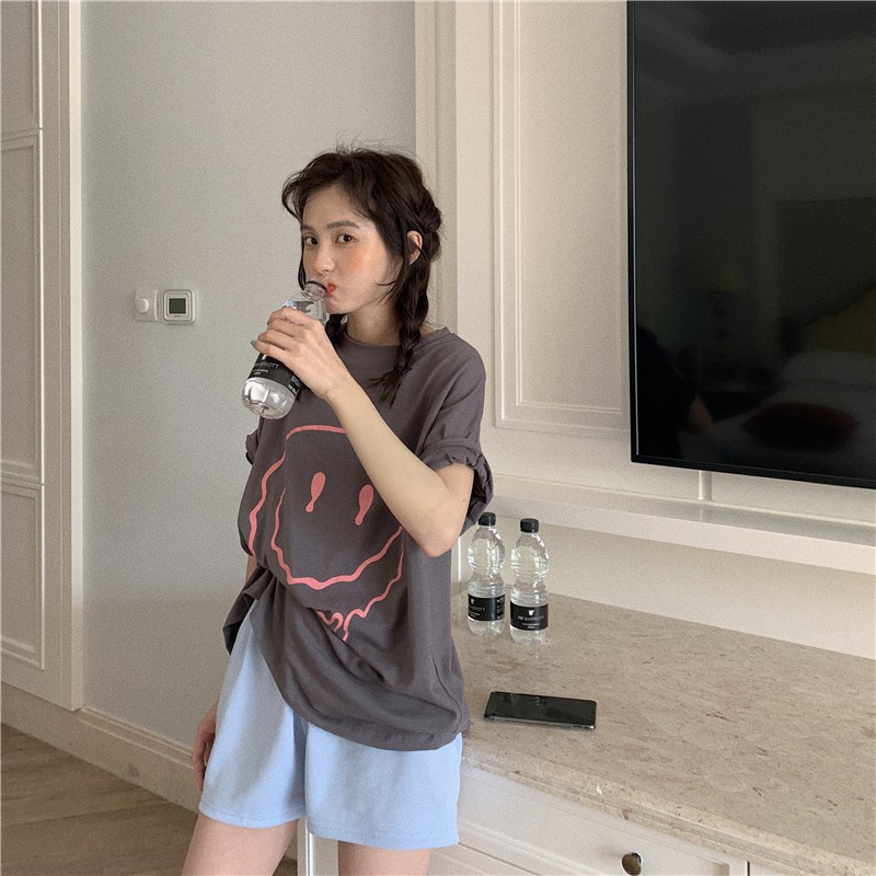 Áo thun nữ tay ngắn cổ tròn hình mặt cười ulzzang