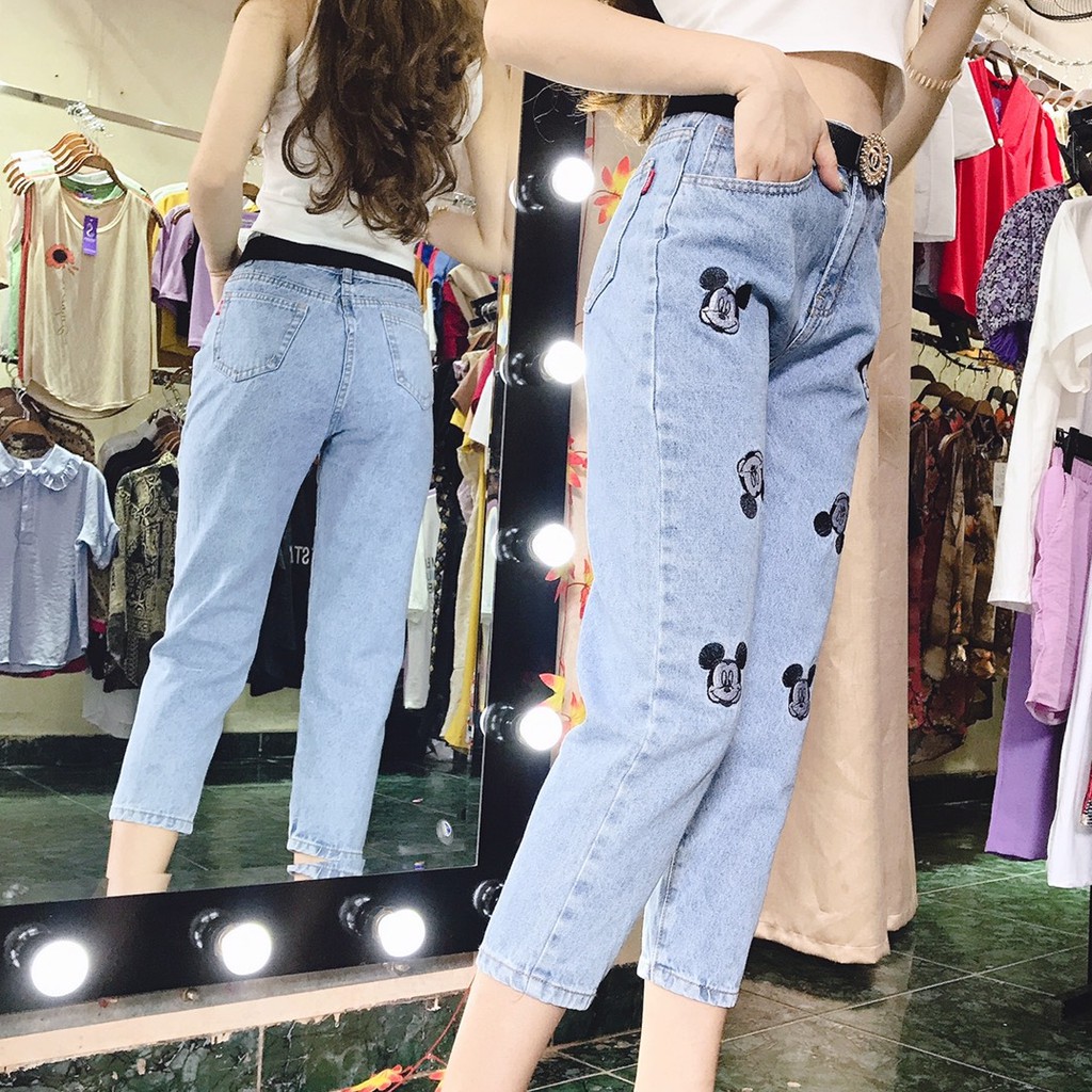 Quần jean nữ dáng baggy trẻ trung họa tiết đáng yêu co giãn nhẹ | BigBuy360 - bigbuy360.vn