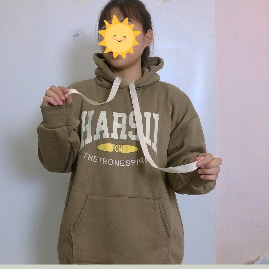 Áo Hoodie Nỉ bông Chữ Ngực HARSII, Áo hoodie mũ 2 lớp Form Rộng Tay Bồng, có 3 màu Đen, Xám, Nâu Vati shop