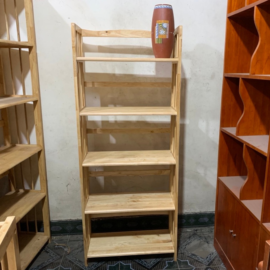 Kệ sách gỗ cao su, kệ sách 5 tâng, đầy đủ kích thước, để sách, tài liệu, gấu bông tiện lợi