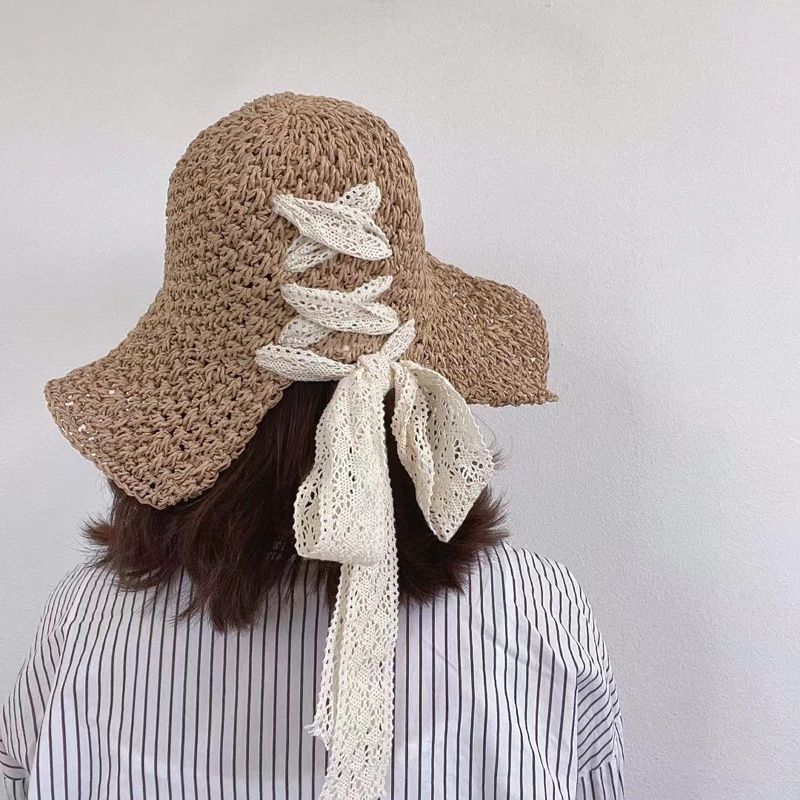 Mũ cói MG STUDIO thắt nơ ren xinh xắn đáng yêu cho nữ