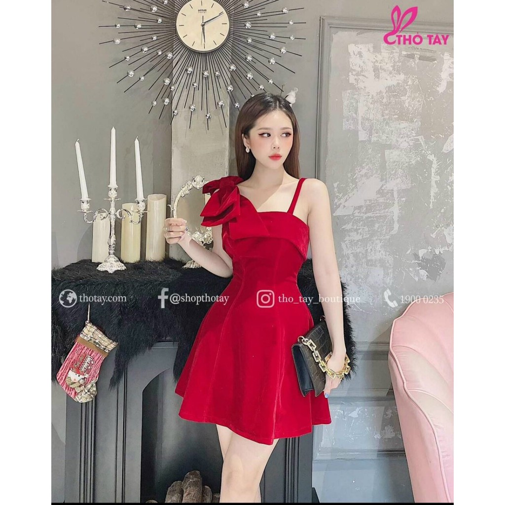 Đầm xòe hai dây kết nơ vai phong cách nữ tính
