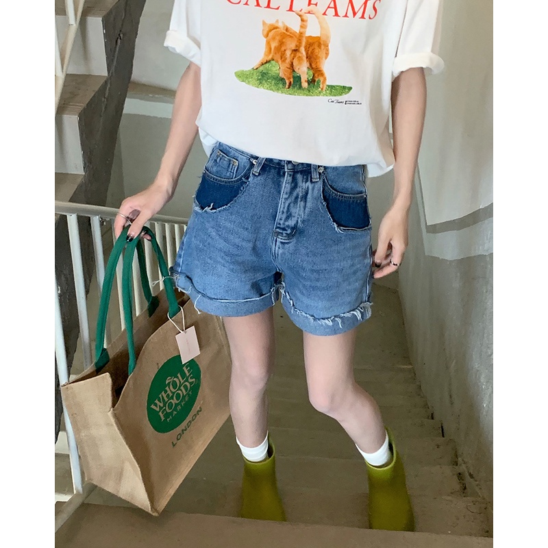 Quần Đùi jeans Lưng Cao Ống Rộng Thời Trang retro Cho Nữ