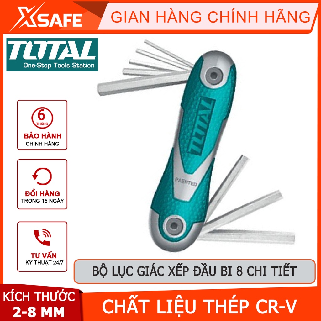 Bộ khóa lục giác xếp 8 chi tiết TOTAL THT1061836 Bộ 8 chìa lục giác bi Kích thước 2 - 8mm Thép CR-V tháo lắp
