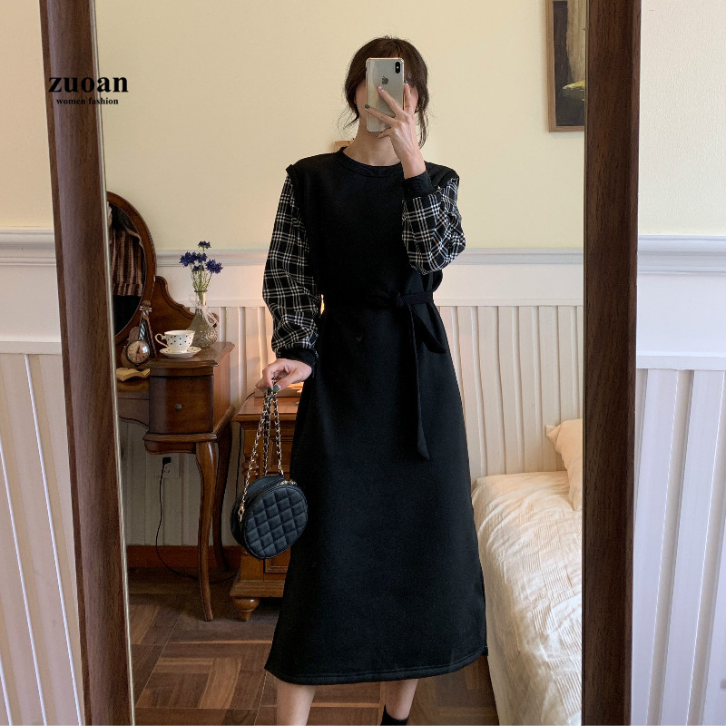 SUXI Đầm Midi Tay Dài Thiết Kế Xẻ Quyến Rũ Phối Caro