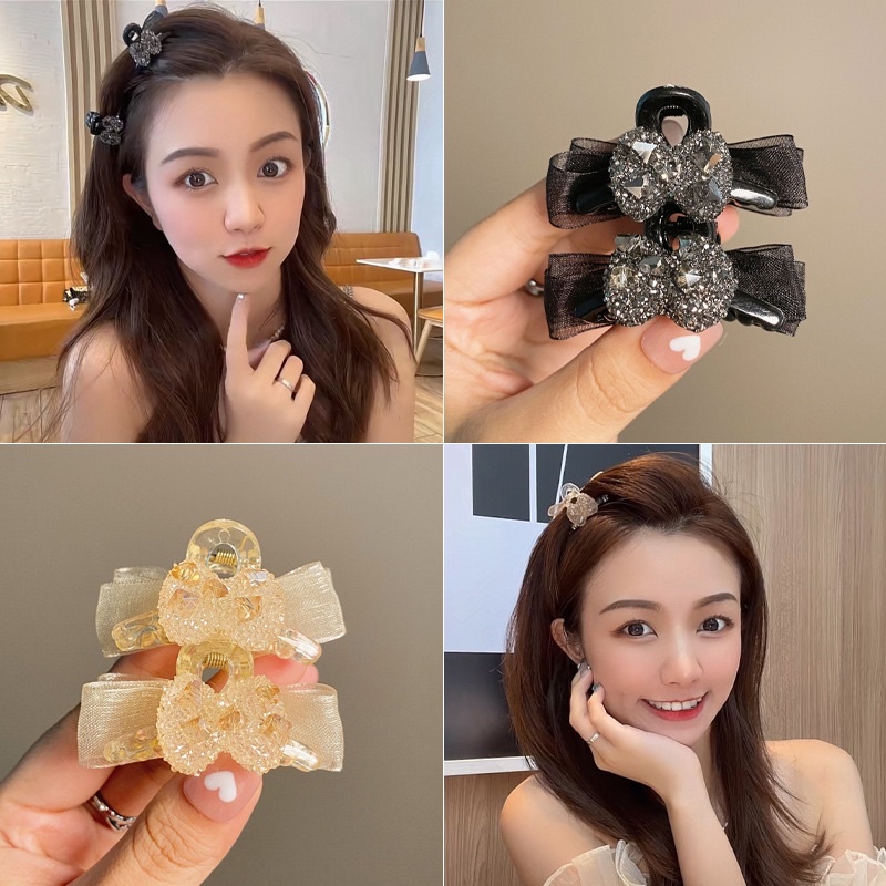 Set 2 chiếc kẹp tóc mái nơ lưới đính đá và hình nơ kẹp tóc mái xinh xắn dễ thương phong cách Hàn Quốc